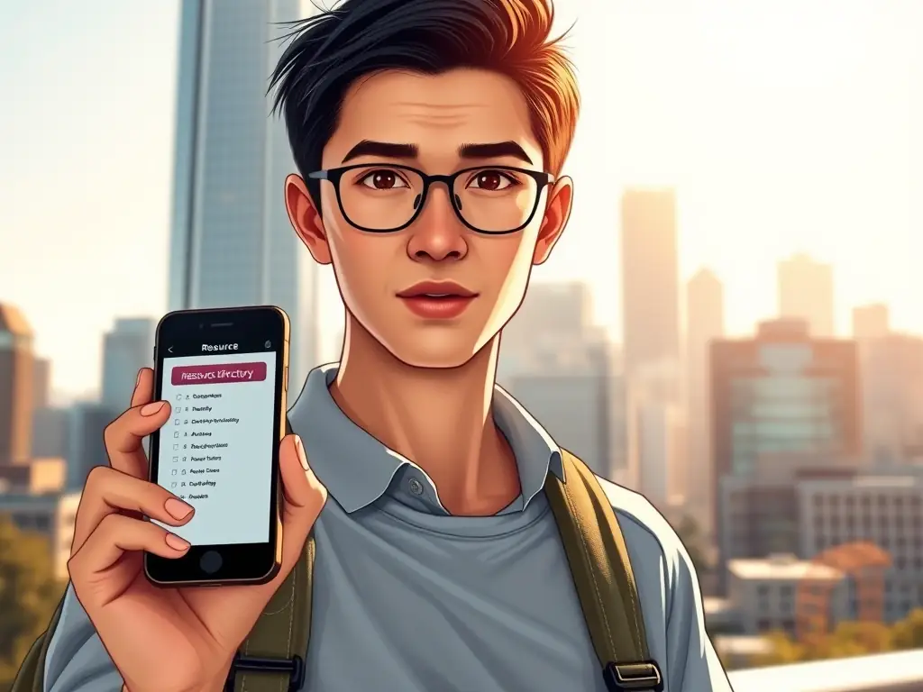 A small business owner exploring a funding resource directory on a smartphone, with a cityscape in the background, symbolizing growth and opportunity.