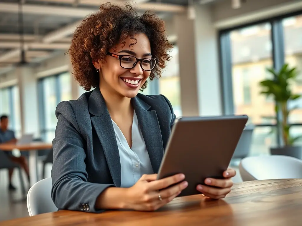 A small business owner exploring funding options on a tablet, with various loan and grant opportunities displayed on the screen, in a co-working space.