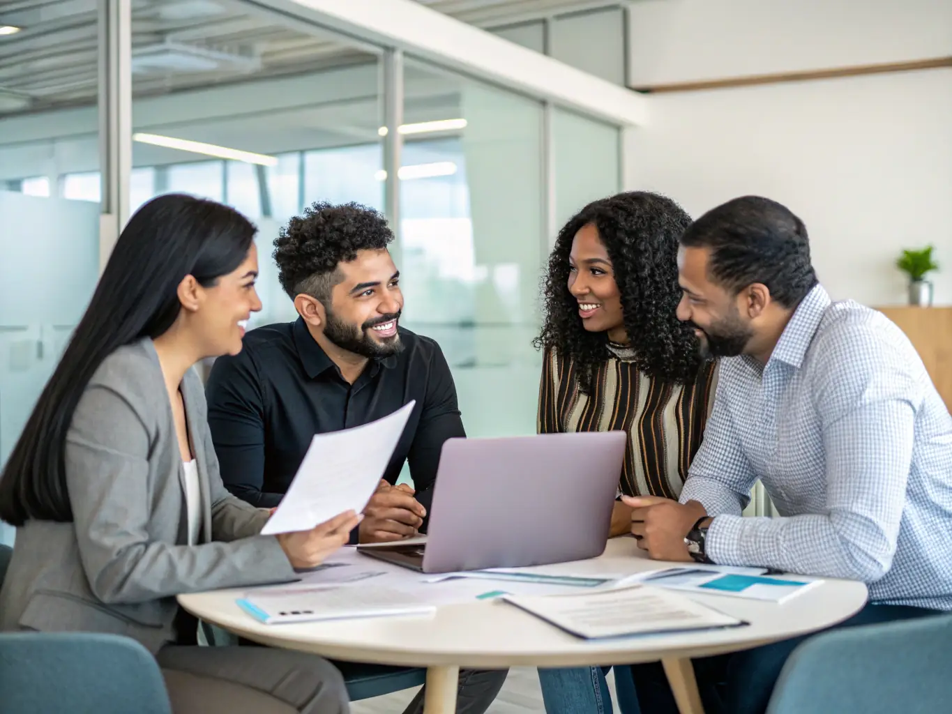 An image of a diverse group of small business owners collaborating around a table, reviewing financial reports and discussing strategies, symbolizing community and shared learning.