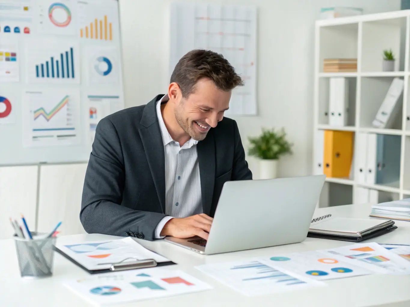 A small business owner analyzing financial data on a laptop, with charts and graphs displayed on the screen, in a modern office setting.