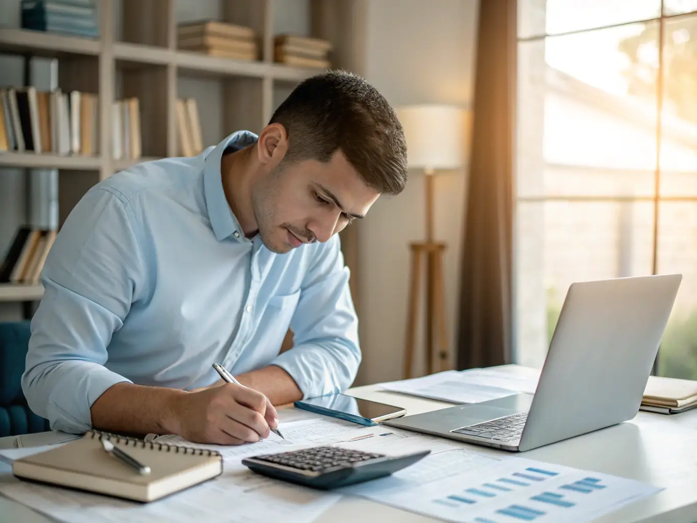 A small business owner reviewing a cash flow statement with a calculator and pen in hand, in a well-lit office environment.