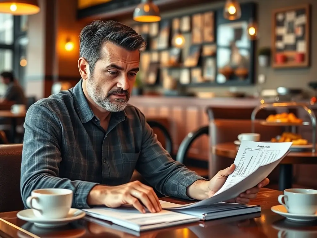 A small business owner reviewing a cash flow management spreadsheet on a tablet, with coffee and a notebook on the table, in a cozy cafe setting.